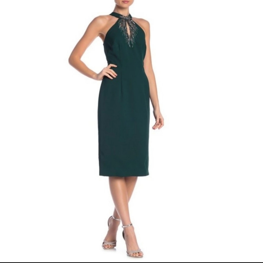 Green beaded halter neck midi dress
